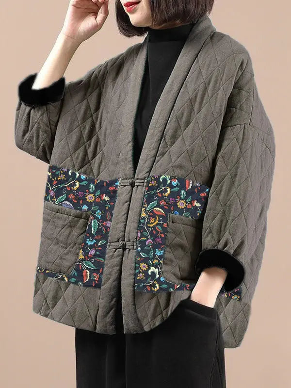 Plus Size Women Ethnic Spliced Pocket V-Neck Coat Ada Fashion