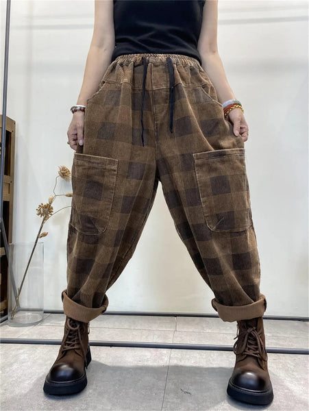 Plus Size Women Retro Plaid Corduroy Loose Harem Pants Ada Fashion