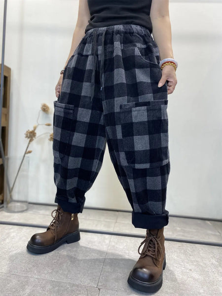 Plus Size Women Retro Plaid Corduroy Loose Harem Pants Ada Fashion