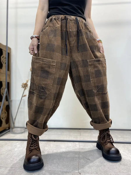 Plus Size Women Retro Plaid Corduroy Loose Harem Pants Ada Fashion