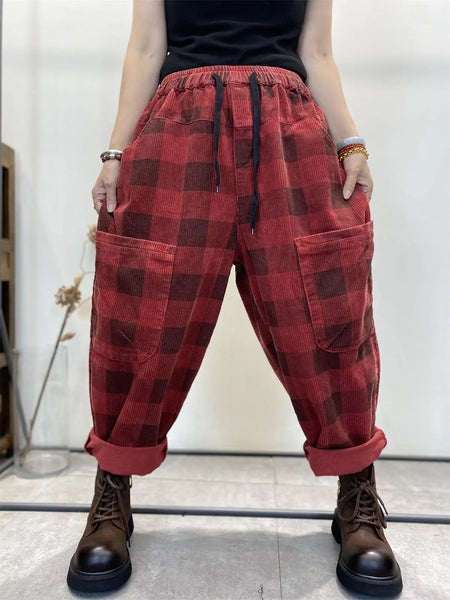 Plus Size Women Retro Plaid Corduroy Loose Harem Pants Ada Fashion
