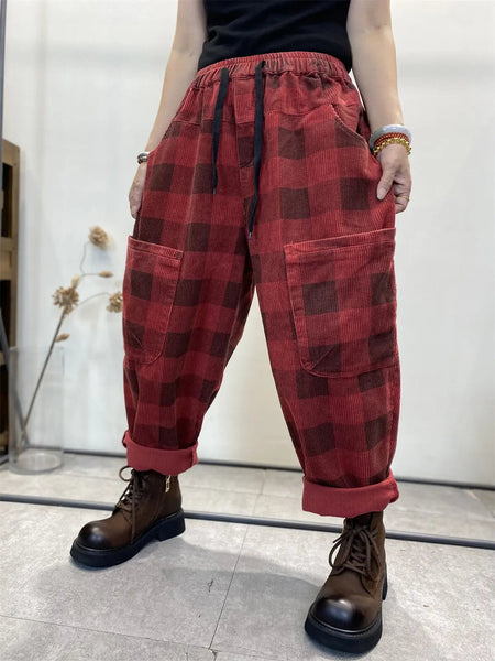 Plus Size Women Retro Plaid Corduroy Loose Harem Pants Ada Fashion