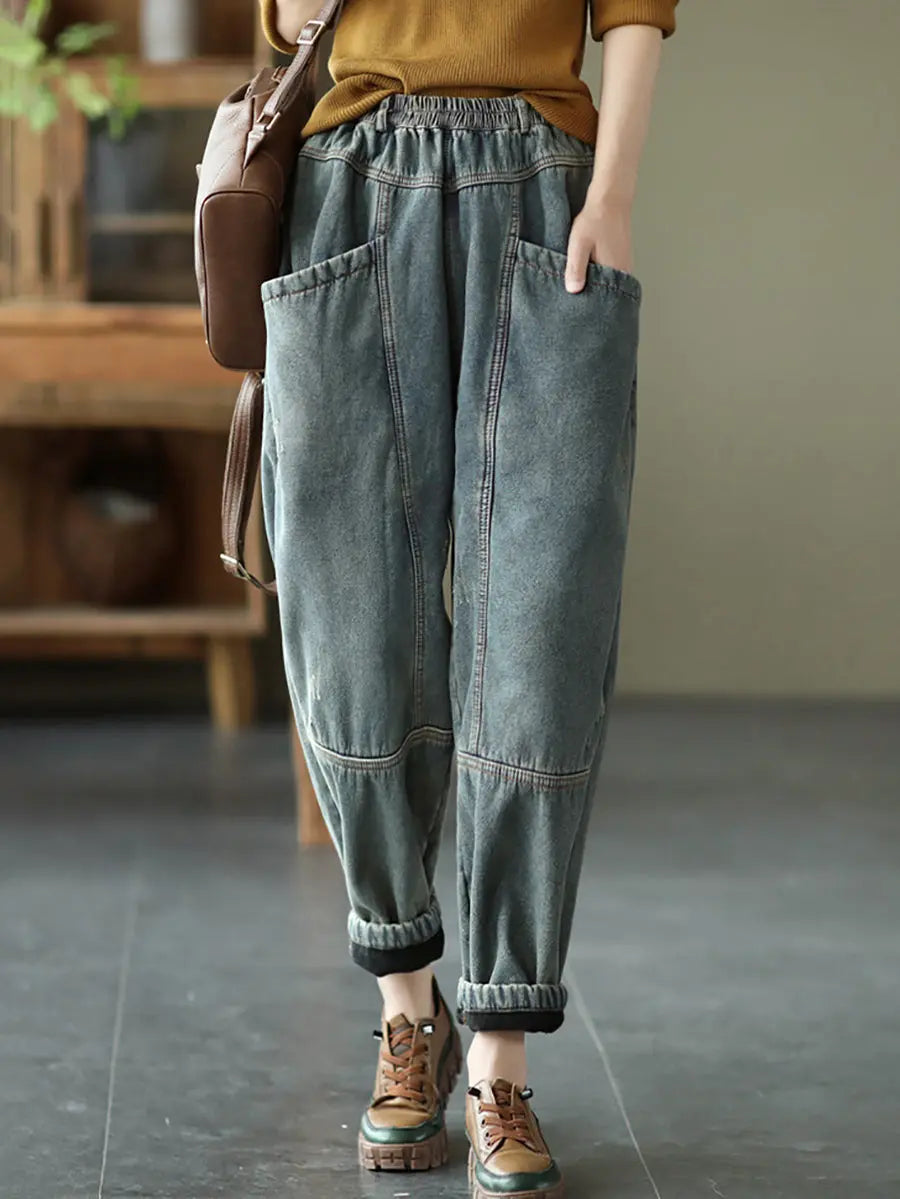 Plus Size Women Retro Spliced Denim Fleece-lined Pants Ada Fashion