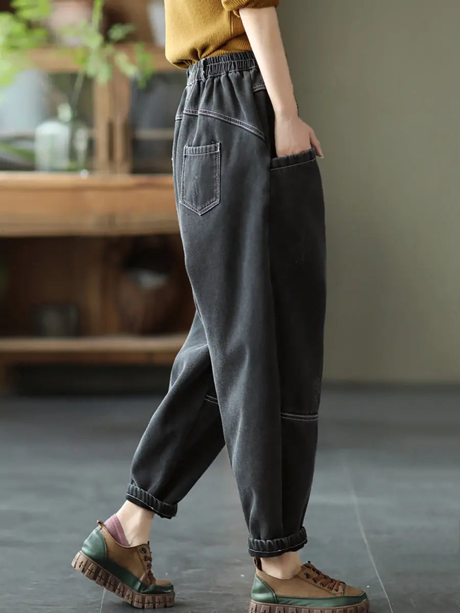 Plus Size Women Retro Spliced Denim Fleece-lined Pants Ada Fashion