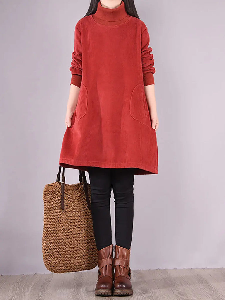 Plus Size Women Solid Color Fleece-lined Corduroy Dress Ada Fashion