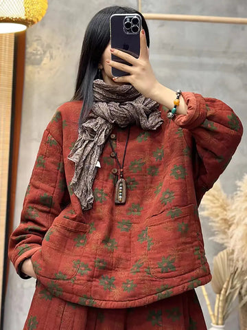 Plus Size Women Vintage Flower Cotton Padded Sweatshirt Ada Fashion