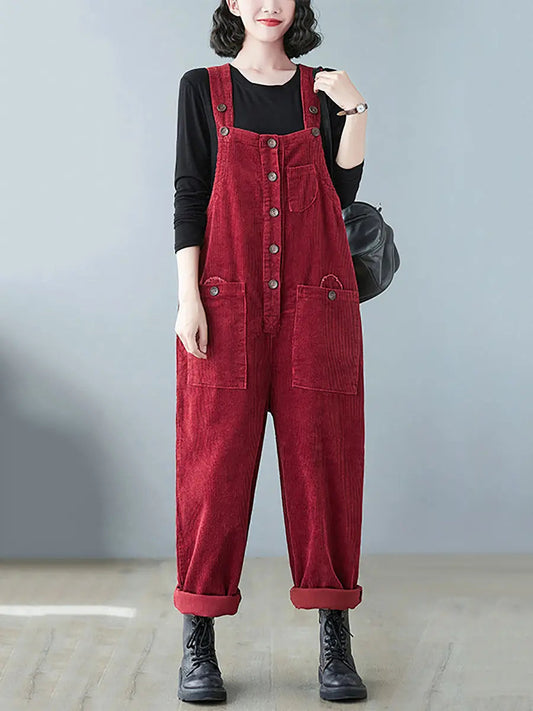 Plus Size Women Vintage Solid Corduroy Jumpsuits Ada Fashion