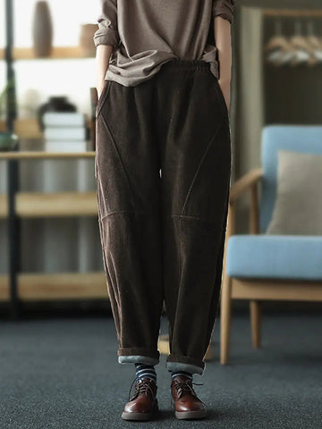 Plus Size Women Vintage Solid Spliced Thicken Pants Ada Fashion