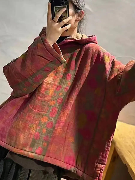 Plus Size Women Vintage Winter Spliced Hooded Padded Coat Ada Fashion