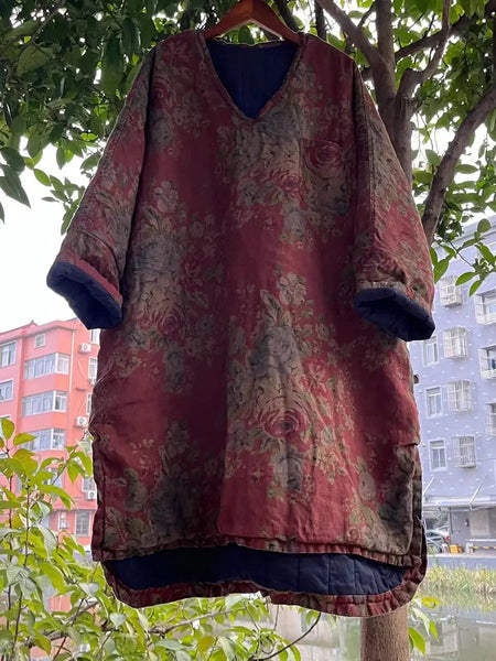 Plus Size Women Vitage Flower V-Neck Padded Long Coat Ada Fashion