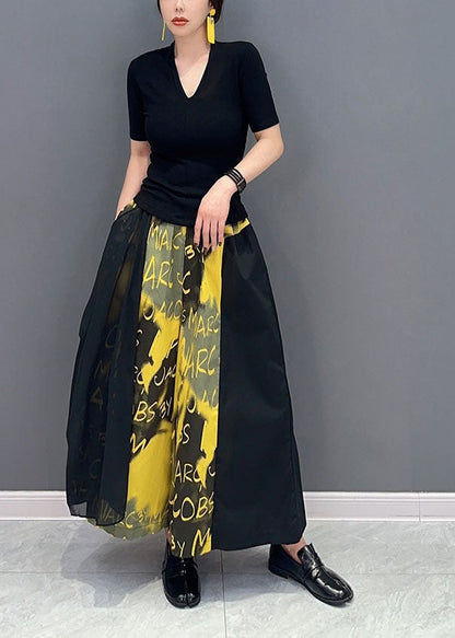 Plus Size Yellow Letter Print Pockets Cotton Wide Leg Pants Spring LY1592