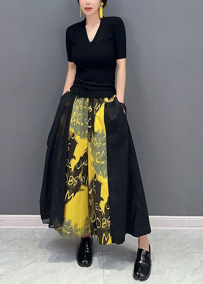 Plus Size Yellow Letter Print Pockets Cotton Wide Leg Pants Spring LY1592