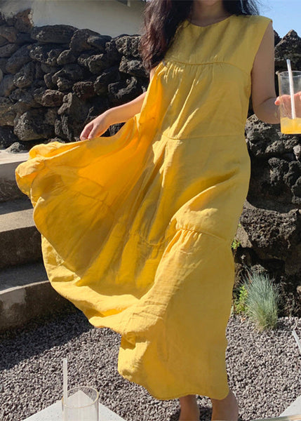 Plus Size Yellow O-Neck Patchwork Cotton Maxi Dresses Sleeveless LC0064