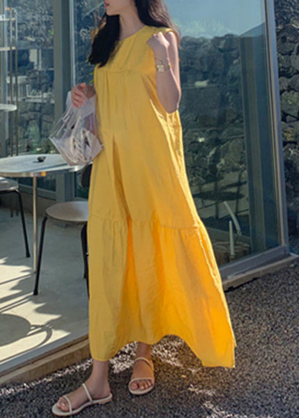Plus Size Yellow O-Neck Patchwork Cotton Maxi Dresses Sleeveless LC0064