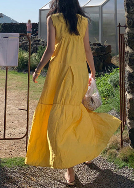 Plus Size Yellow O-Neck Patchwork Cotton Maxi Dresses Sleeveless LC0064