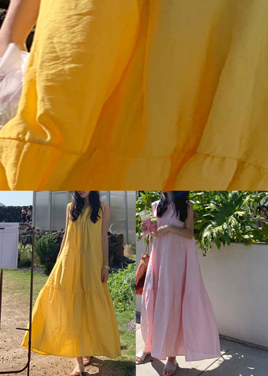 Plus Size Yellow O-Neck Patchwork Cotton Maxi Dresses Sleeveless LC0064