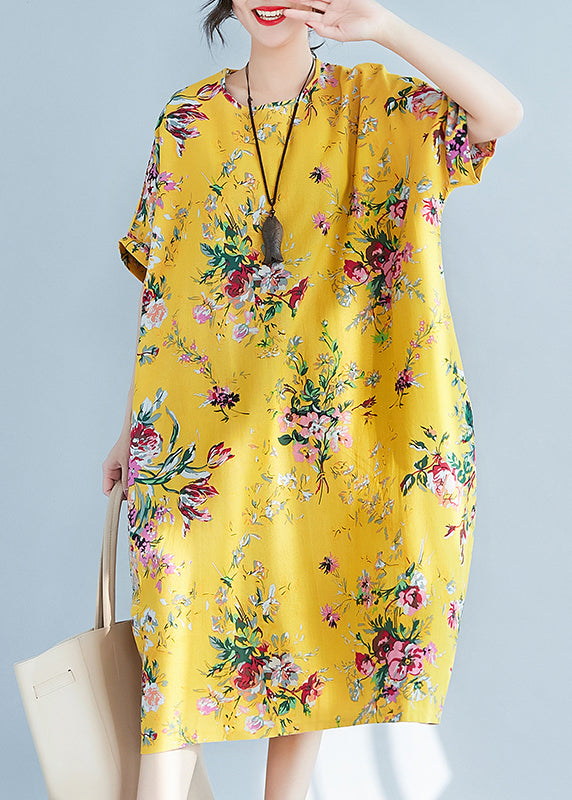 Plus Size Yellow O-Neck Print Cotton Holiday Dress Summer LY0906