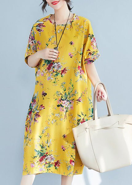 Plus Size Yellow O-Neck Print Cotton Holiday Dress Summer LY0906