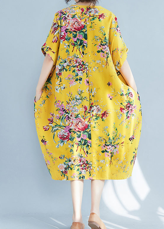 Plus Size Yellow O-Neck Print Cotton Holiday Dress Summer LY0906