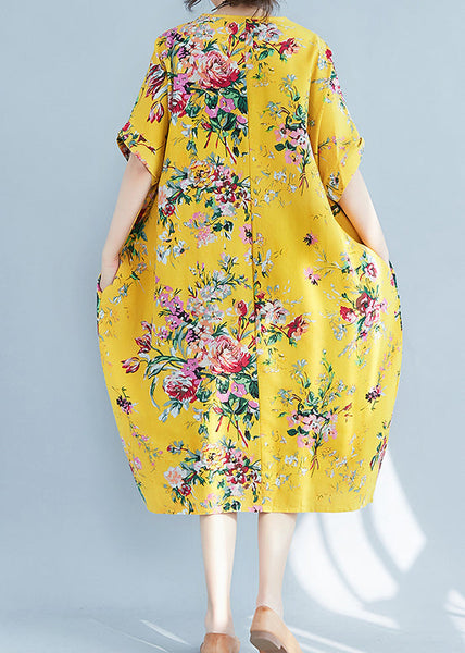 Plus Size Yellow O-Neck Print Cotton Holiday Dress Summer LY0906