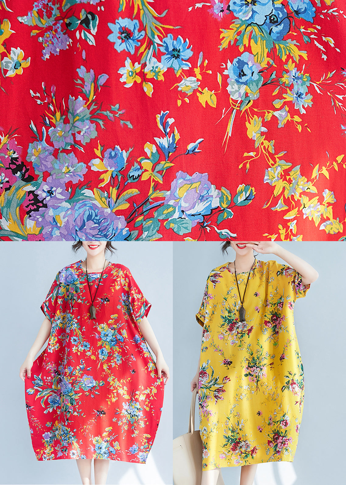 Plus Size Yellow O-Neck Print Cotton Holiday Dress Summer LY0906