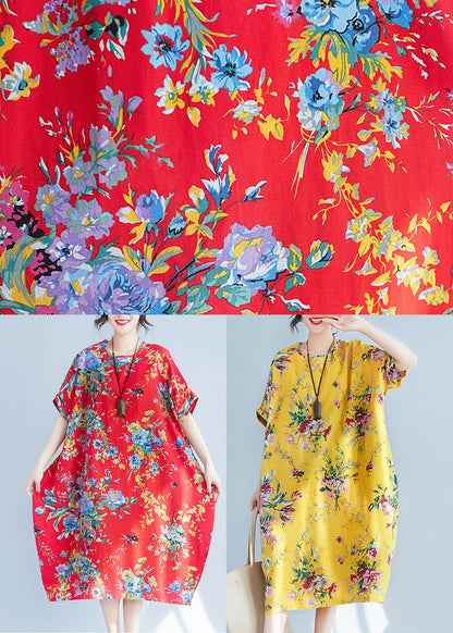 Plus Size Yellow O-Neck Print Cotton Holiday Dress Summer LY0906