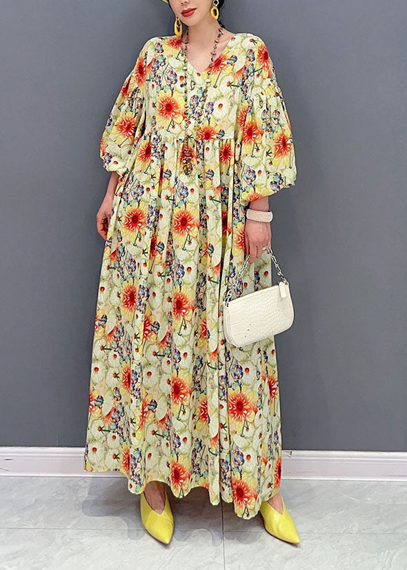 Plus Size Yellow Oversized Floral Print Cotton Robe Dresses Lantern Sleeve LY1566