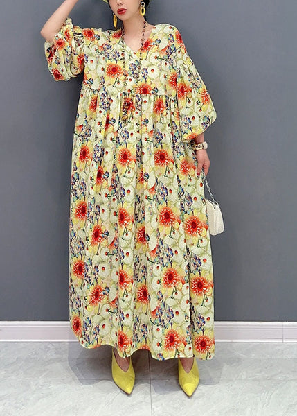 Plus Size Yellow Oversized Floral Print Cotton Robe Dresses Lantern Sleeve LY1566