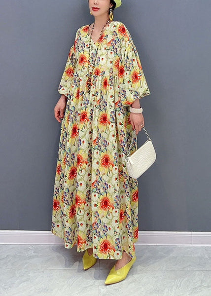 Plus Size Yellow Oversized Floral Print Cotton Robe Dresses Lantern Sleeve LY1566