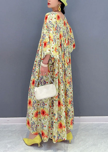 Plus Size Yellow Oversized Floral Print Cotton Robe Dresses Lantern Sleeve LY1566