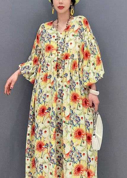 Plus Size Yellow Oversized Floral Print Cotton Robe Dresses Lantern Sleeve LY1566