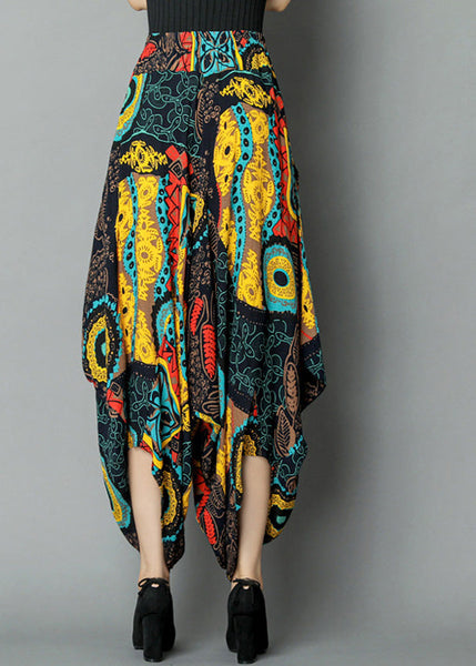 Plus Size Yellow Pockets Print Elastic Waist Crop Pants Summer TQ1040