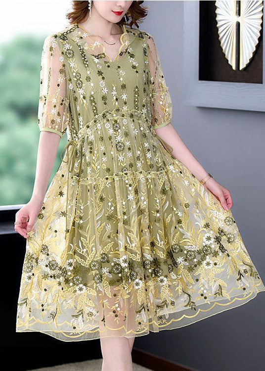 Plus Size Yellow Ruffled Embroideried Tulle Party Dress Summer TH1017