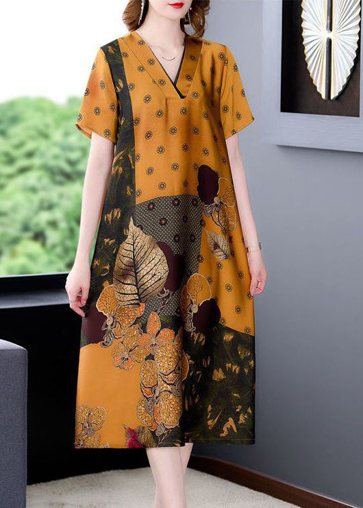 Plus Size Yellow V Neck Print Silk Long Dress Summer TH1029
