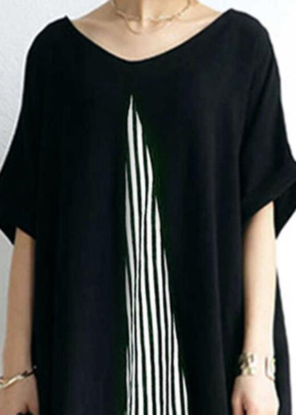 Pocket Short Sleeve Splicing Striped Color Black Maxi Dress LC0019
