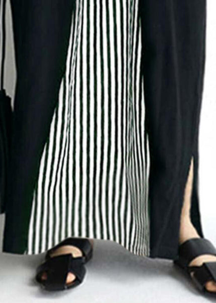 Pocket Short Sleeve Splicing Striped Color Black Maxi Dress LC0019
