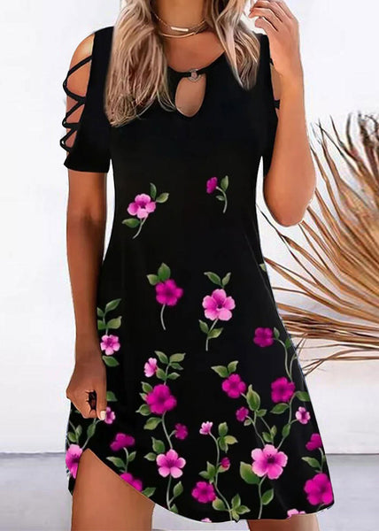 Printed Off The Shoulder Crew Neck Mid Dress Black LY1944