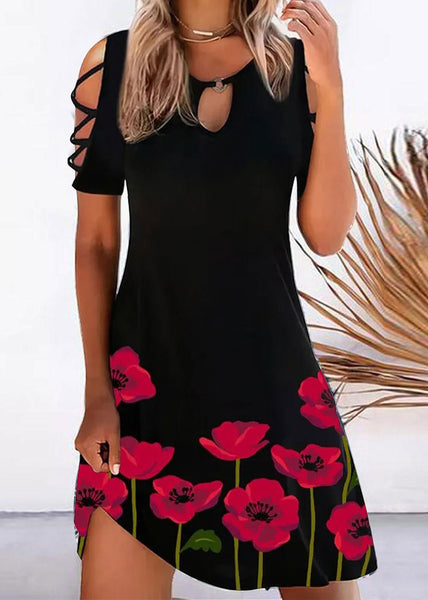 Printed Off The Shoulder Crew Neck Mid Dress Black LY1944
