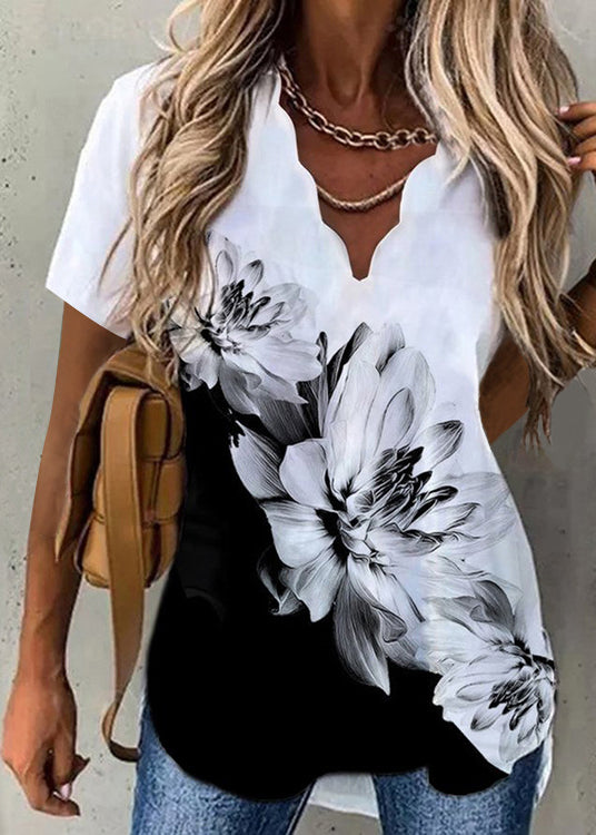 Printed Shirt printing short sleeve V Neck Waves Tops Black White Colour LY1945