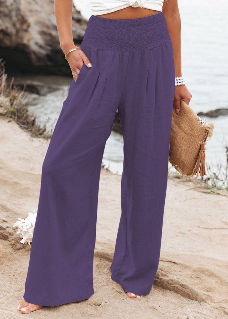 Purple High Waist Elastic Waist Linen Long Pants LY1964