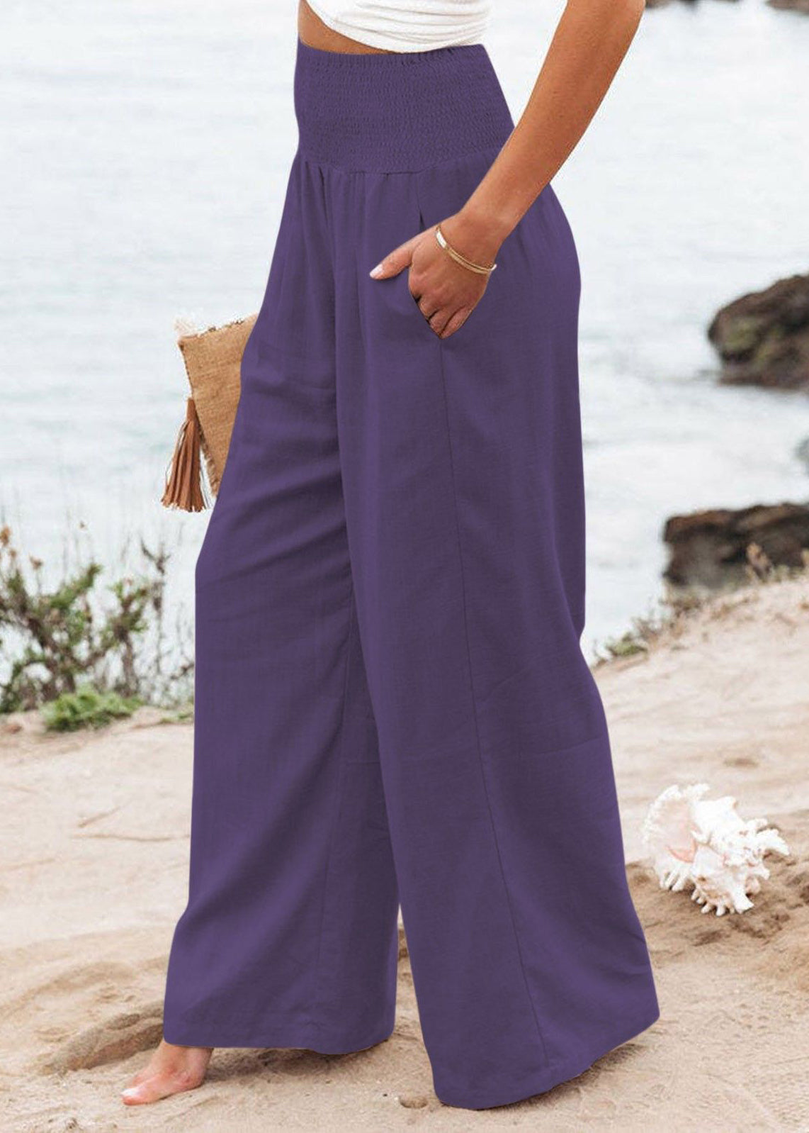 Purple High Waist Elastic Waist Linen Long Pants LY1964