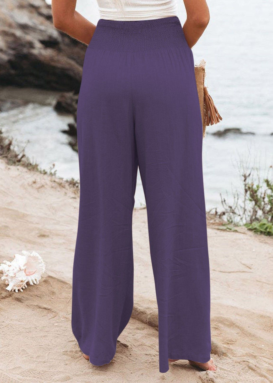 Purple High Waist Elastic Waist Linen Long Pants LY1964