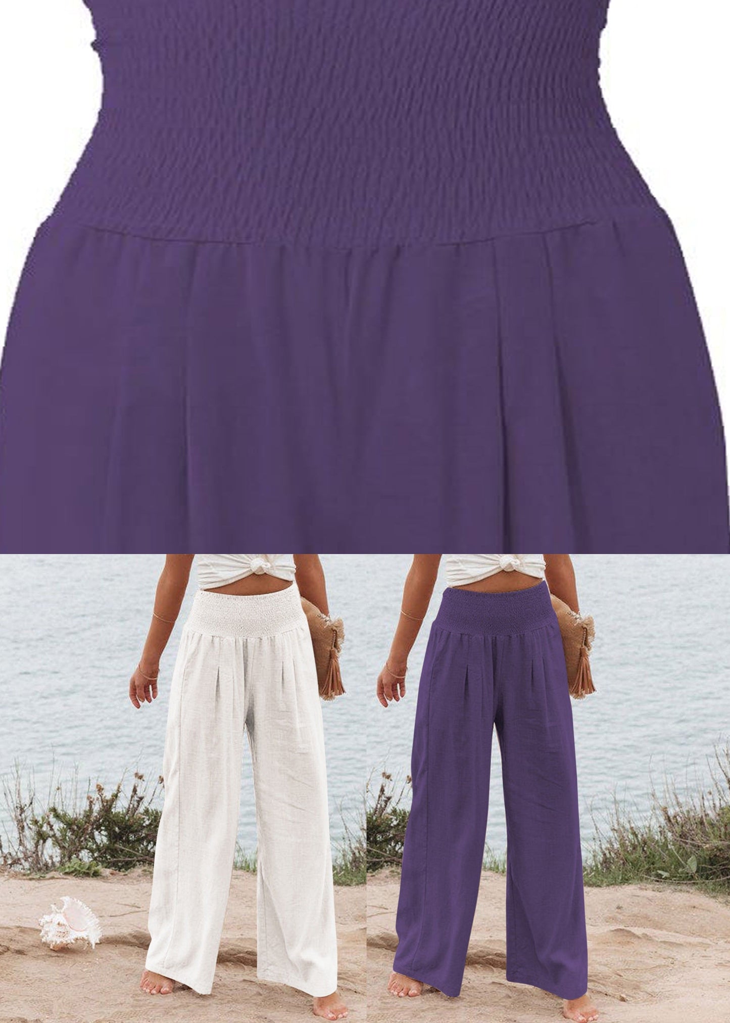 Purple High Waist Elastic Waist Linen Long Pants LY1964