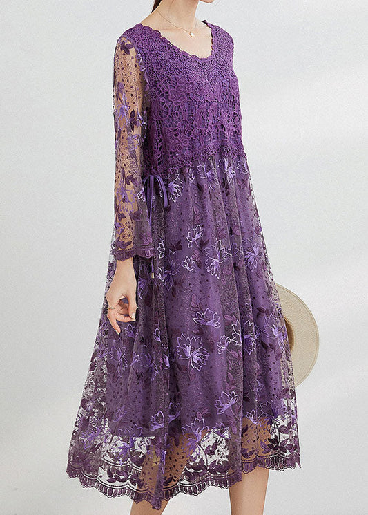 Purple Hollow Out Lace Patchwork Maxi Dresses O Neck Spring LY0017