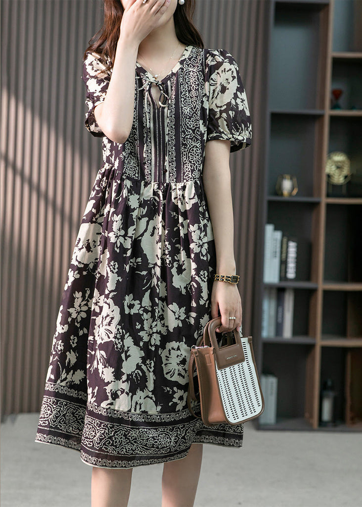 Purple Neck Tie Silk Long Dresses Short Sleeve LY1748