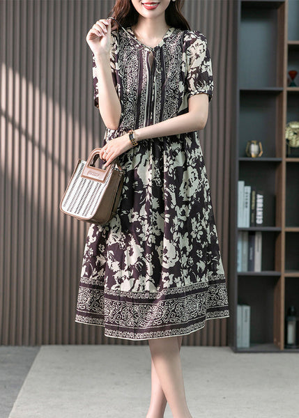 Purple Neck Tie Silk Long Dresses Short Sleeve LY1748