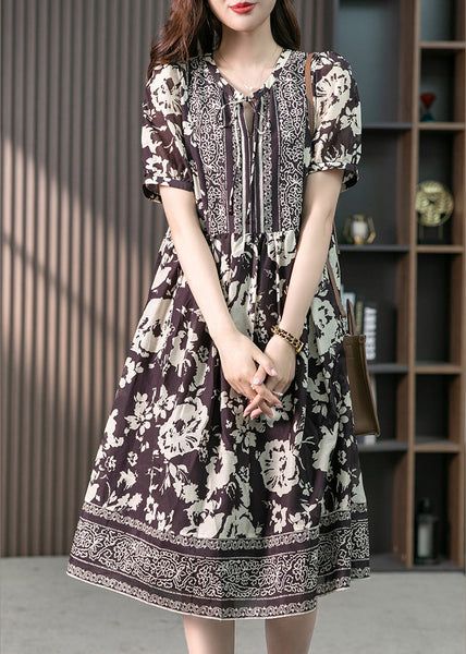 Purple Neck Tie Silk Long Dresses Short Sleeve LY1748