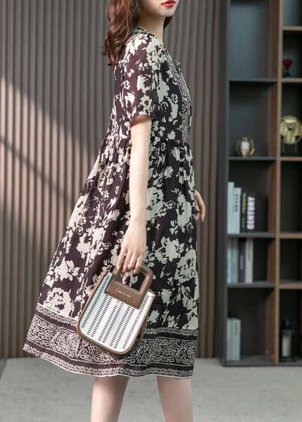 Purple Neck Tie Silk Long Dresses Short Sleeve LY1748