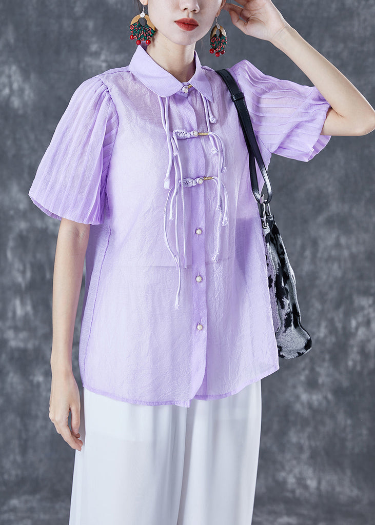 Purple Oriental Silk Blouses Tassel Chinese Button Lantern Sleeve TA1050