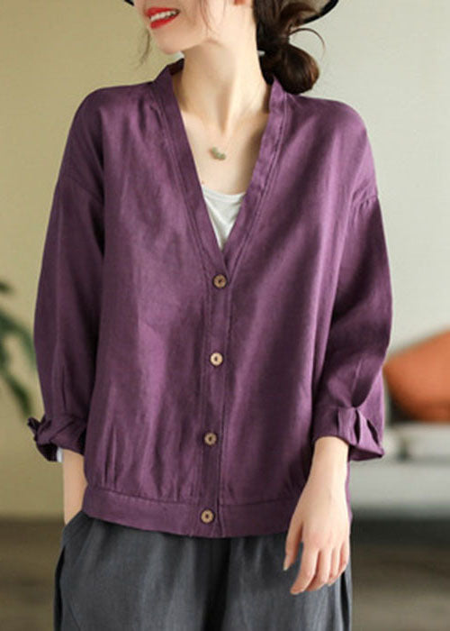 Purple Oversized Linen Blouse Tops V Neck Button Spring TG1001 HE1029